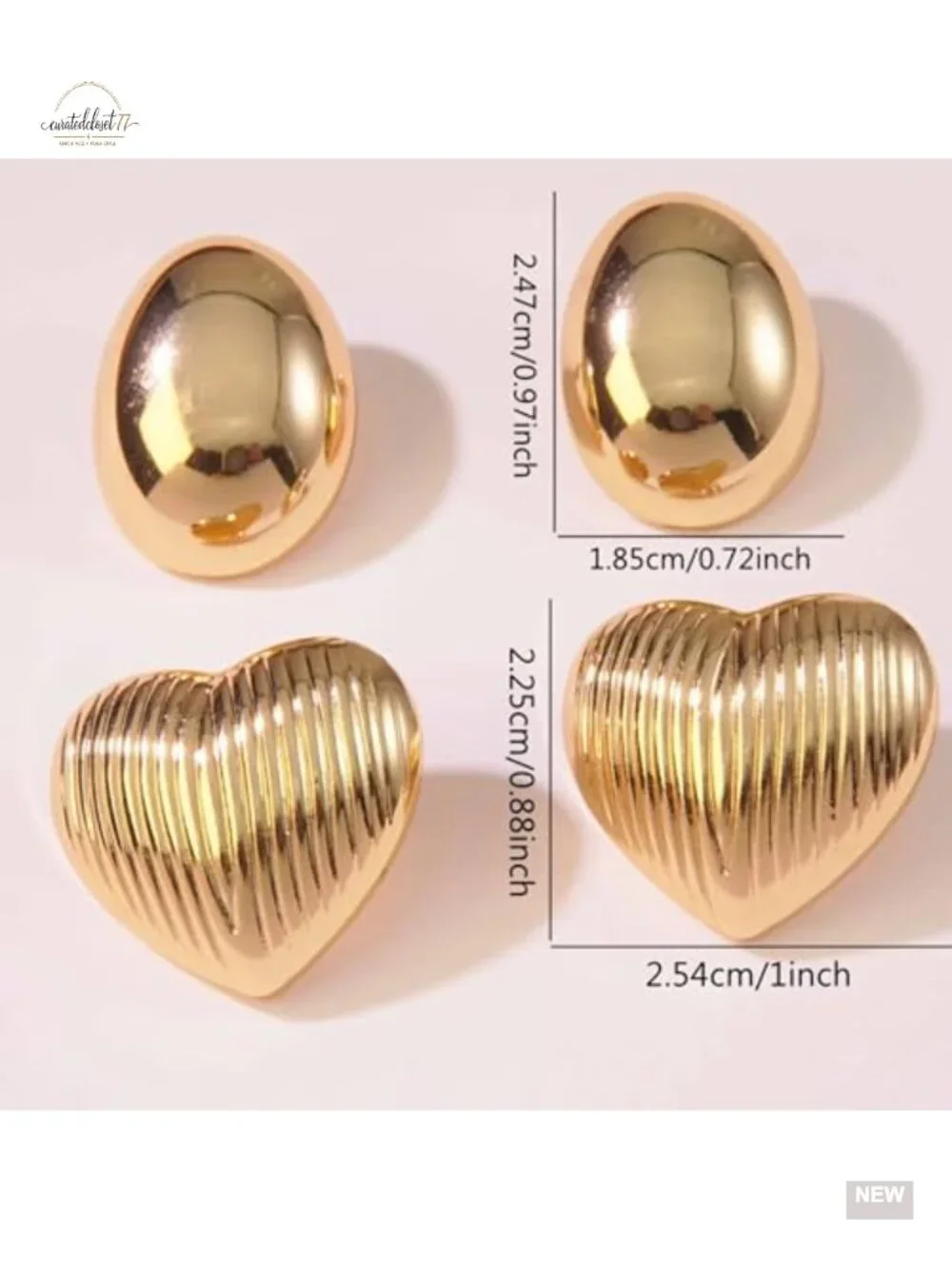 4 Pairs Gold Large Puffy Heart Chunky Stud Statement Earrings Trendy Chunky